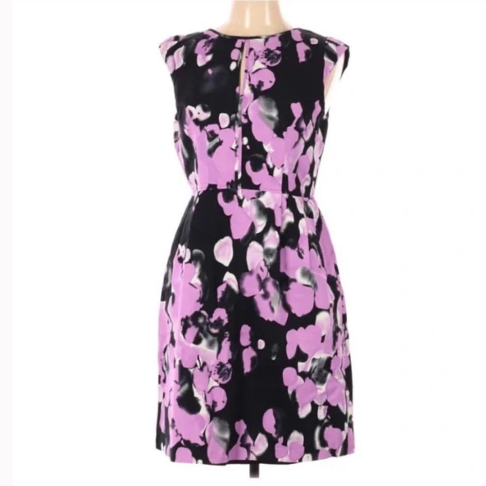 Adrianna Papell purple floral dress keyhole front